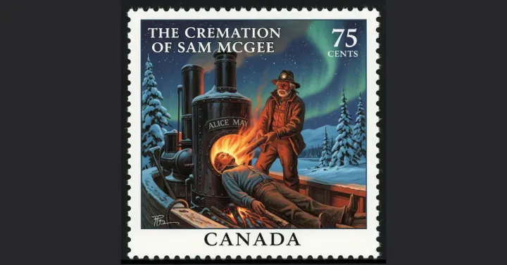 A Canadian postage stamp commemorating the poem "The Cremation of Sam McGee."