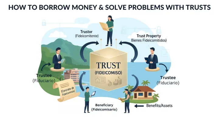 Infographic of a Costa Rican Trust showing the relationship between the Trustor, Trustee, and Beneficiary.